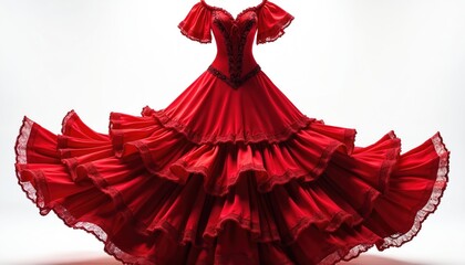 Elegant red dress for flamenco. Ruffled layers create a dance costume. Fitted bodice with laced details adds charm. Ideal for Spanish performance themes, cultural festivals or fashion promo.