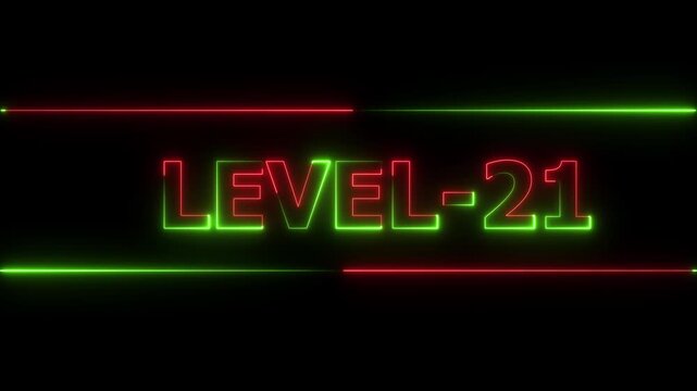 Glowing level-21 text with glitch effects animation. Two color letters spelling out level-21 appear on screen. Neon level up sign and upper Level . next Level text animation.