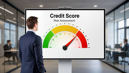 Credit score risk assessment gauge showing downgrade rating with businessman in office environment