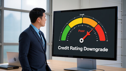 Credit rating downgrade shown on screen with poor score and man in suit watching credit meter with concern