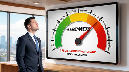Credit rating downgrade concept with business man looking at credit score risk assessment gauge showing high risk level