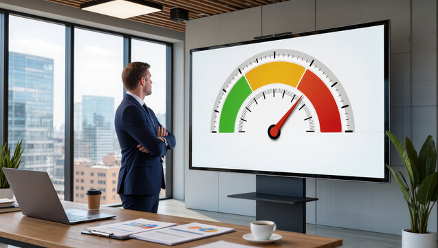 Credit rating downgrade concept with businessman watching performance meter in modern office showing concern and focus