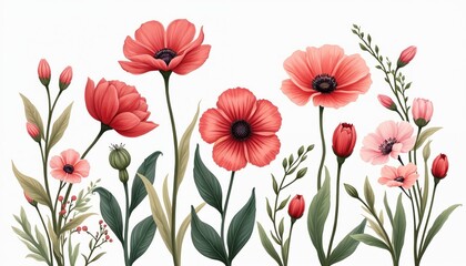 Fototapeta premium Watercolor floral illustration features various red flowers with green leaves. Delicate artwork on white background artistic blooming flowers composition. Design for wedding invitation cards spring