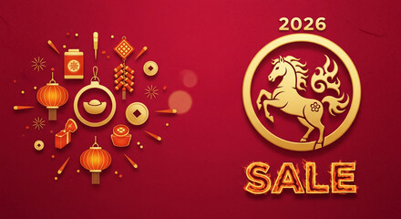 Naklejka premium Festive red background with golden elements, including a horse in a circle with 2026, representing Chinese New Year of the Horse celebration