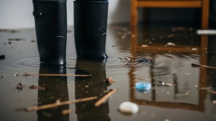 Cropped Man in Rubber Boots Standing in a Flooded House