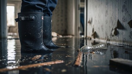 Cropped Man in Rubber Boots Standing in a Flooded House