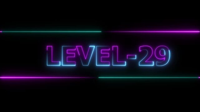 Glowing level-29 text with glitch effects animation. Two color letters spelling out level-29 appear on screen. Neon level up sign and upper Level . next Level text animation.