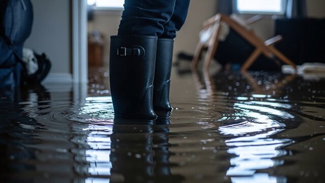 Cropped Man in Rubber Boots Standing in a Flooded House