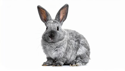 Obraz premium A fluffy grey rabbit sitting upright with large ears and a white background, showcasing its soft fur and alert expression