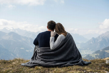 Rear view of a romantic couple wrapped in a blanket, admiring a breathtaking mountain landscape. Concept of love, travel, and serenity together.