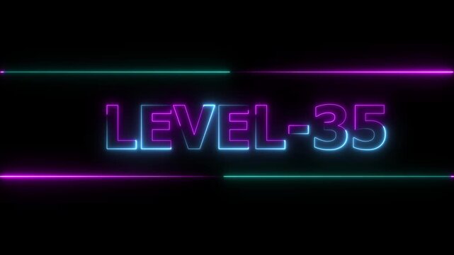 Glowing level-35 text with glitch effects animation. Two color letters spelling out level-35 appear on screen. Neon level up sign and upper Level . next Level text animation.
