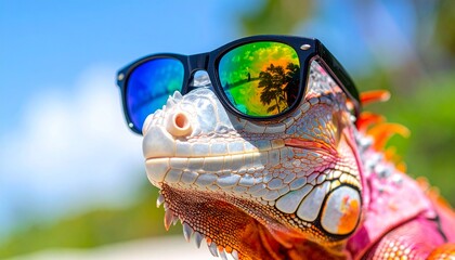 A vibrant, stylish iguana sporting cool reflective sunglasses under a brilliant tropical sky, embodying the essence of a relaxed and exotic summer holiday