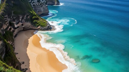 Secluded Beach with Turquoise Sea Waves Crashing against Rocky Cliffs