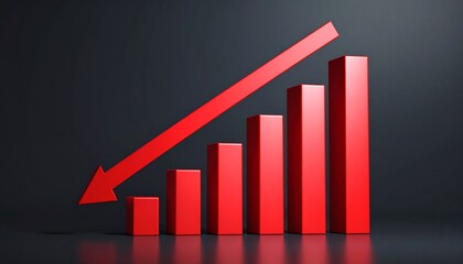Red downward trending bar graph with an arrow indicating a decline in performance or a negative trend on a dark background