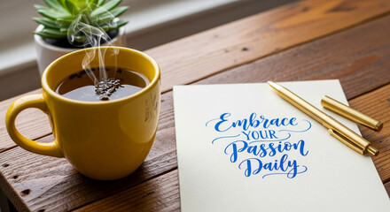 Top view of tea in a yellow mug, succulent, pen and paper with blue inscription on a wooden table, promoting passion and daily inspiration