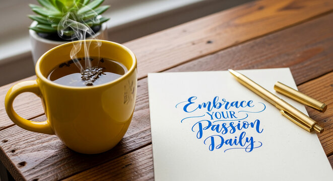 Top view of tea in a yellow mug, succulent, pen and paper with blue inscription on a wooden table, promoting passion and daily inspiration - Powered by Adobe