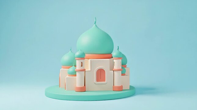 Aerial view of a 3D mosque model with turquoise domes on a light blue background, video footage, 4k motion clip