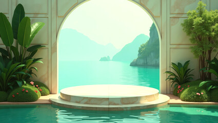 Serene tropical oasis overlooking a tranquil seascape