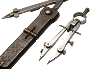 Antique iron, brass, and silver drafting dividers and compass isolated on a white background with deep shadows, concept of engineering and craftsmanship