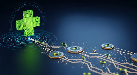 Green pixelated plus sign with radial lines and circuitry on dark blue background, representing technology, medical innovation, or digital health concept