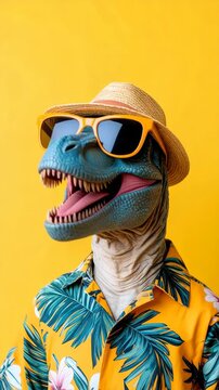 Dinosaur wearing sunglasses and summer shirt against a yellow background. Cartoonish prehistoric animal ready for vacation.