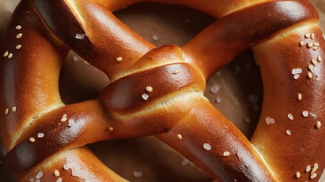 A close-up view of a pretzel with sesame seeds on a plain background