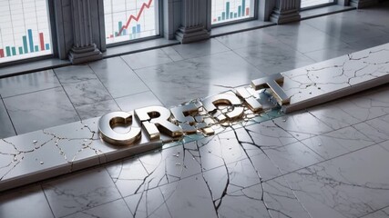 Credit rating downgrade concept cracked marble floor broken metallic letters modern office financial charts financial building scene