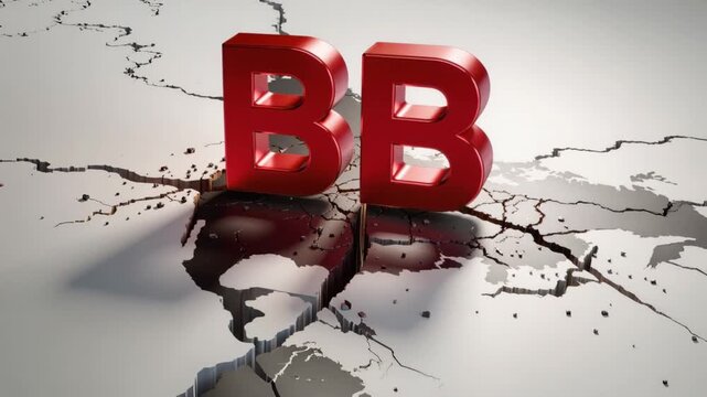 Red 3D letters BB stand on cracked ground with shadows and broken earth symbolizing downgrade credit rating impact and risk in dramatic scene