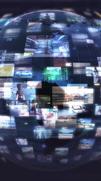 World globe displaying a grid of diverse digital media screens