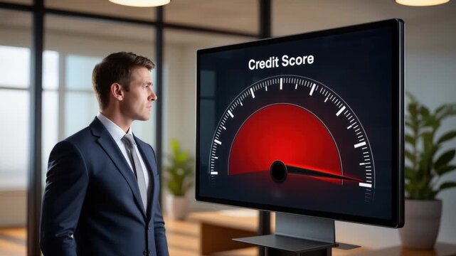 Man suit checking credit score on large monitor in modern office showing financial upgrade and downgrade risk for business rating