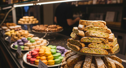 Close-up of biscotti pile dusted with powder on glass stand, macaron and pastry. Representative of bakery, patisserie and dessert concept