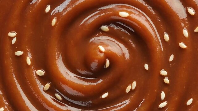 A swirling pattern of brown sauce with sesame seeds viewed from above