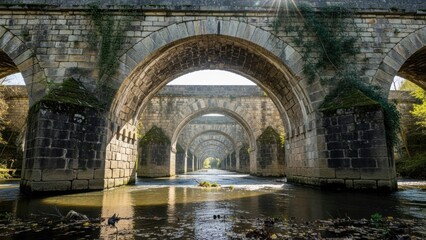 Obraz premium Stone arch bridge spanning river in daylight architectural landscape