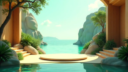 Serene waterfront temple with majestic mountain view