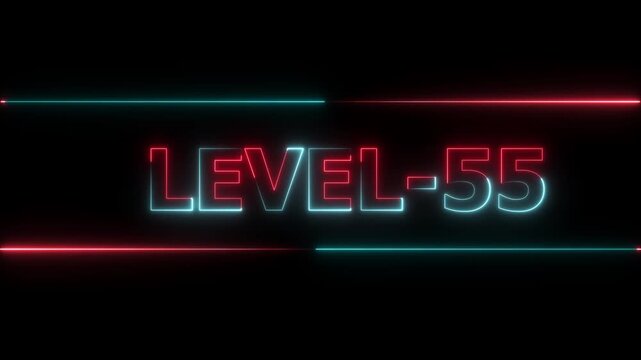 Glowing level-55 text with glitch effects animation. Two color letters spelling out level-55 appear on screen. Neon level up sign and upper Level . next Level text animation.