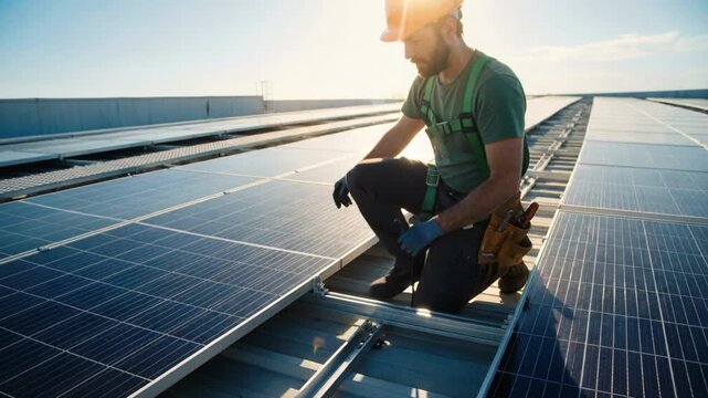 Professional solar panel installer working on a rooftop array. Technician tightening bolts on photovoltaic equipment during a sunny day with lens flare. Green energy maintenance concept