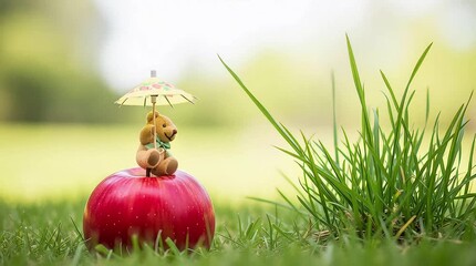 Cinematic video of teddy bear sitting on red apple with umbrella, in grass, 4k footage