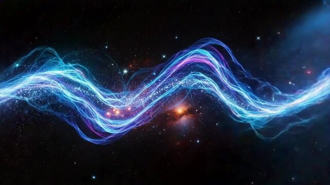 Cosmic Waveform: Vibrant Blue and Purple Neon Lights in Space - Stunning Digital Art with Glowing Lines and Stars