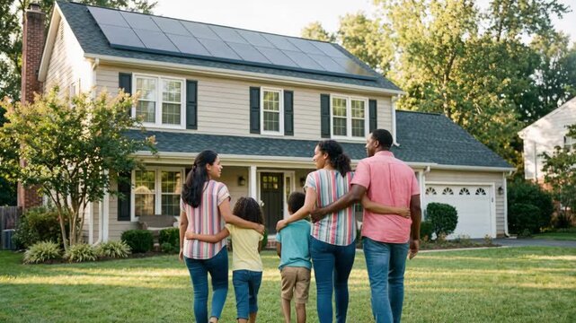 Rear view of a diverse family walking towards their home with solar panels on the roof. Parents and children embracing in the backyard. Sustainable living and renewable energy concept