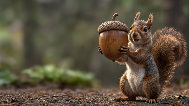 &Eacute;cureuil tenant un gland de ch&ecirc;ne dans la foret, avec espace vide pour du texte