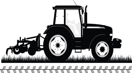 Black silhouette tractor plowing field, modern farming machine with farmer, agriculture equipment vector illustration for rural, harvest, and agribusiness design © Shafik Creatives