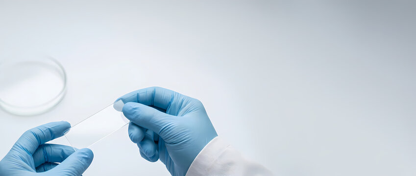 Gloved hands holding microscope slide for laboratory sample prep
