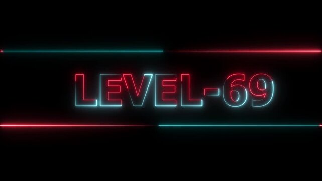 Glowing level-69 text with glitch effects animation. Two color letters spelling out level-69 appear on screen. Neon level up sign and upper Level . next Level text animation.