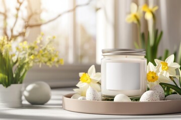Easter candle jar mockup with blank label among spring decorations for holiday design