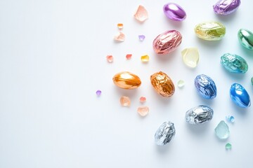 Colorful foil wrapped chocolate easter eggs with festive confetti for holiday celebrations and decor