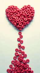 Obraz premium Red, ring-shaped cereal forms a heart shape, flowing down the frame, representing love, Valentine's Day or breakfast choice, with free space