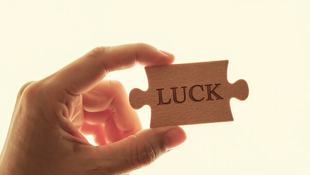 Hand holding a wooden puzzle piece with luck