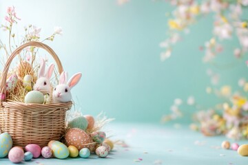 Easter celebration with festive baskets of candy and decorated eggs