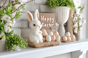 Easter decorations on mantlepiece with bunny, eggs, and festive greenery for holiday atmosphere