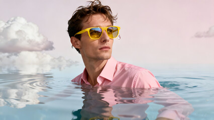 A fashion-forward man in a pink shirt partially submerged in water, wearing yellow sunglasses and gazing into the distance. Surreal editorial shot blending elegance with serenity. 